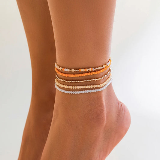 Boho Colorful Seed Beads Anklet Set for Women Summer Beach Simple Elastic Chain Bracelet Barefoot Ankle on Leg Jewelry