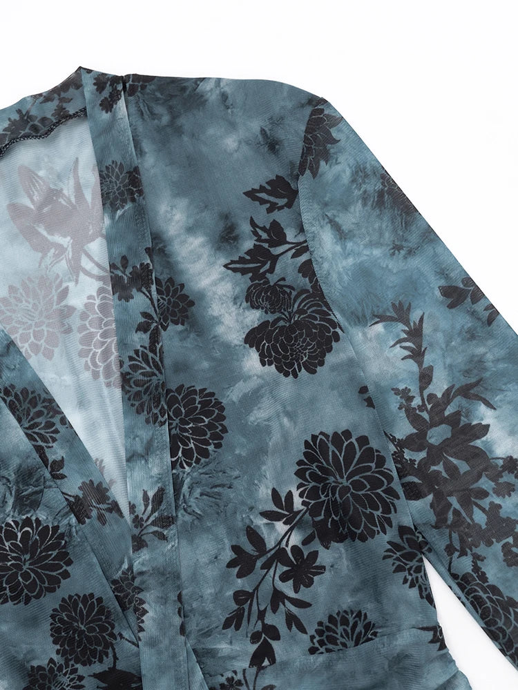 Lace-Up Sexy Plant Print Dress Women Halter Deep V-Neck Ruffle Sleeve Ruched Safety Shorts Stretch Skinny Mini Bodycon