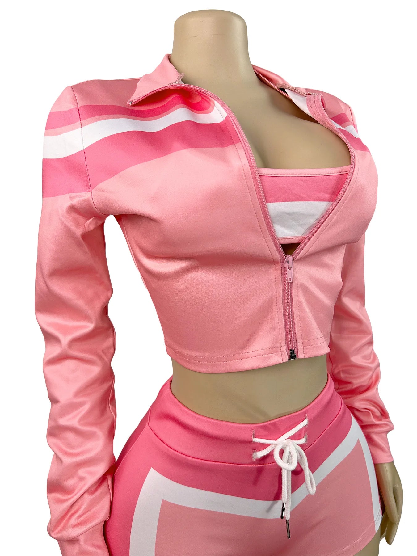 Contrast Patchwork 3 Piece Set Women Halter Strapless Tops+Cardigan Crop Jacket+Drawstring Shorts Sexy Sporty Outfits