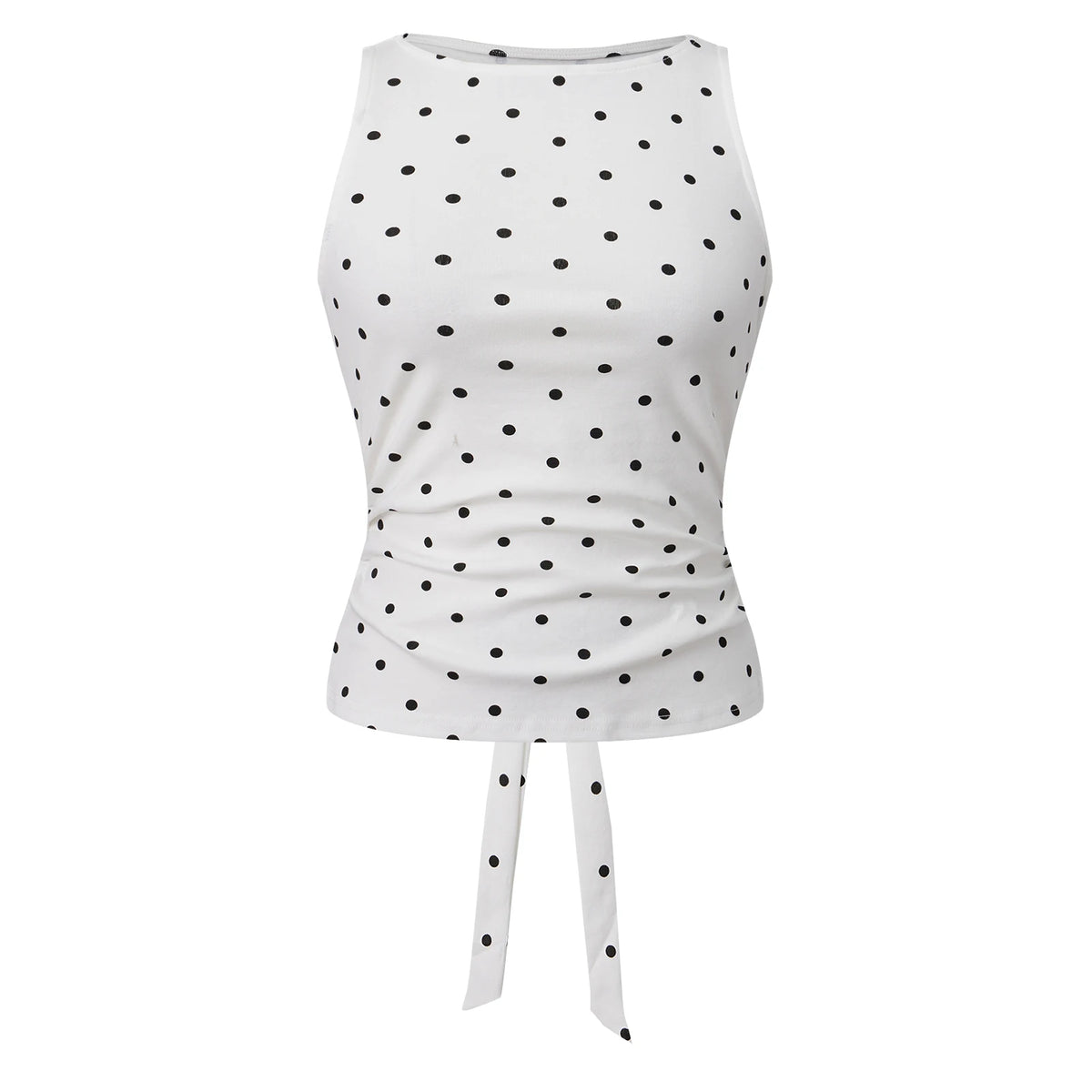 Women's Y2K Polka Dot Sleeveless Tank Top Boat Neck Ruched Side Back Tie Knot Cropped Blouse Casual Summer Streetwear