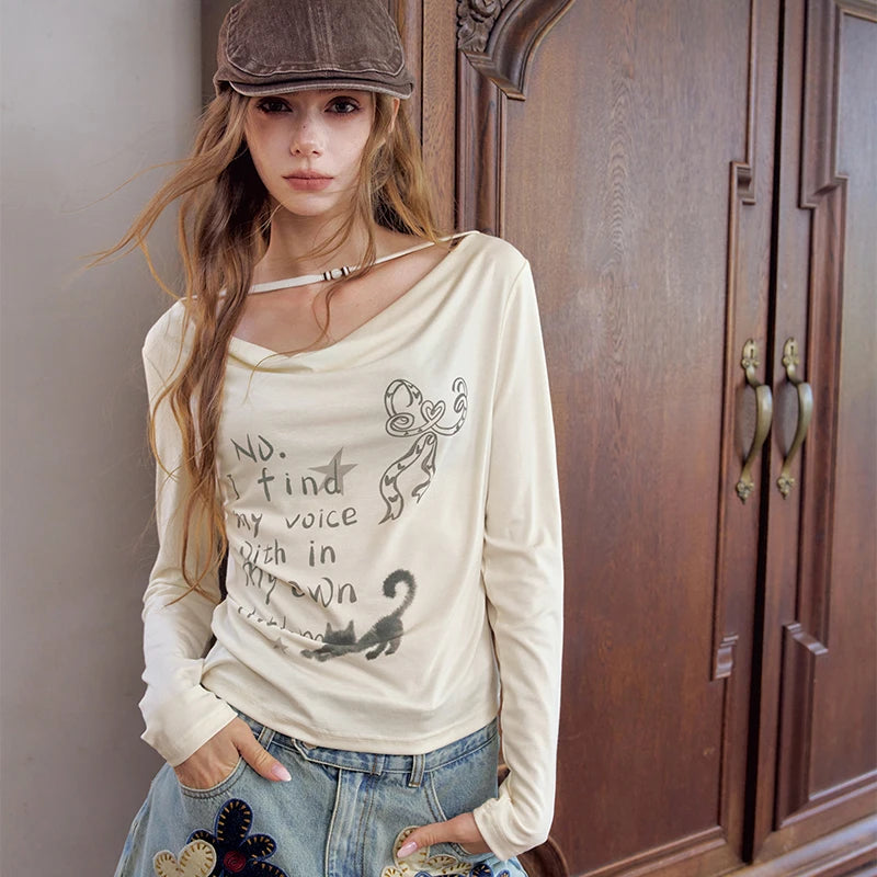Women's Casual Graphic Long Sleeve Tee with Cat & Letter Print, Loose Fit Cowl Neck Top for Everyday