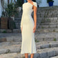 Women One Shoulder Cape Sleeve Sexy Midi Dress Metal Buckle Twisted Bodycon Mermaid Mid‑Calf Evening Party Dresses