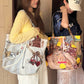 Women's Vintage Patchwork Canvas Tote Bag, Lace Bow Heart & Cat Print Large Capacity Shoulder Handbag