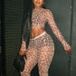 Sexy Leopard Print 2Piece Set Women See Through Long Sleeve Coquette Crop Top+Bike Shorts Stretch Matching Streetwear