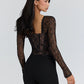 Lace Long Sleeve Backless Sexy Bodysuit Women Tops Black Square Collar Skinny Bodysuits T-shirt Club Party Bodysuit