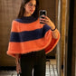 Y2K Striped Fuzzy Poncho Sweater Women Mock Neck Loose Half Sleeve Cropped Knit Cape Pullover Daily Street Outfit