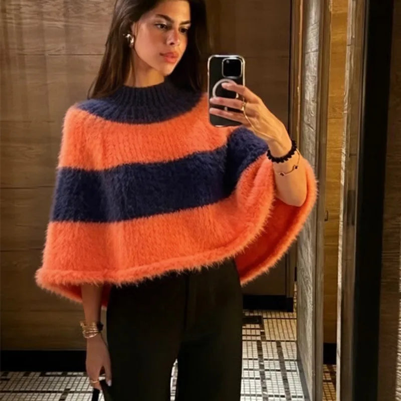 Y2K Striped Fuzzy Poncho Sweater Women Mock Neck Loose Half Sleeve Cropped Knit Cape Pullover Daily Street Outfit