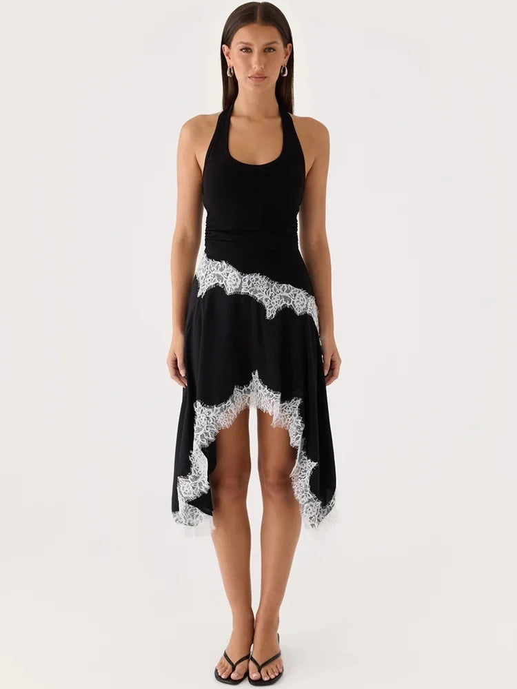 Halter Backless Sexy Midi Dress Women Fashion Elegant Lace Irregular Hem Ruched Waist Sleeveless Club Party Dress
