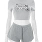 Letter Print 2Piece Set Women Raw Edge o-Neck Crop Tops+Lace-Up Shorts Sporty Street Matching Summer Casual Tracksuit