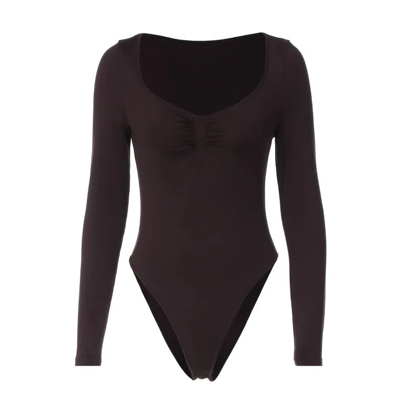 Basic Low-cut Long Sleeve Bodysuits Woman Tops Fall Winter Clothing Trending