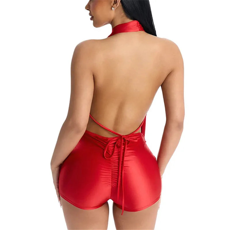 Women Satin Halter Deep V Neck Romper Solid Color Backless Tie Back Bodycon Short Jumpsuit Sexy Party Clubwear Night Out