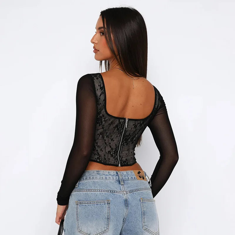 Floral Lace T Shirt for Women Low Cut Backless Long Sleeve Top Sexy Black Shirts & Blouses Womans Clothing