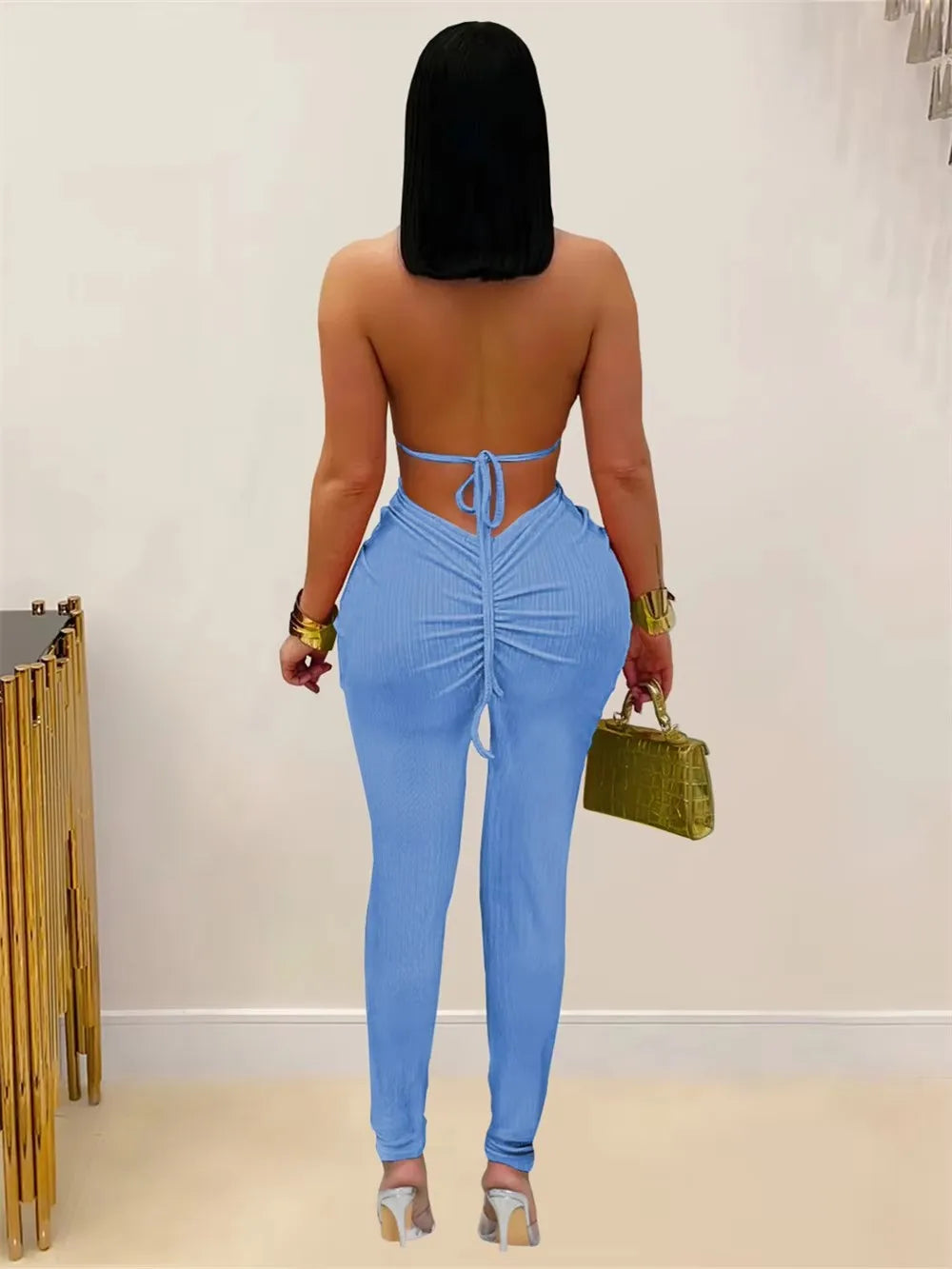 Peach Buttocks Backless Jumpsuit Women Plait Sexy Hollow Halter Bandage Ruched Y2K Party Club Street Workout Overalls