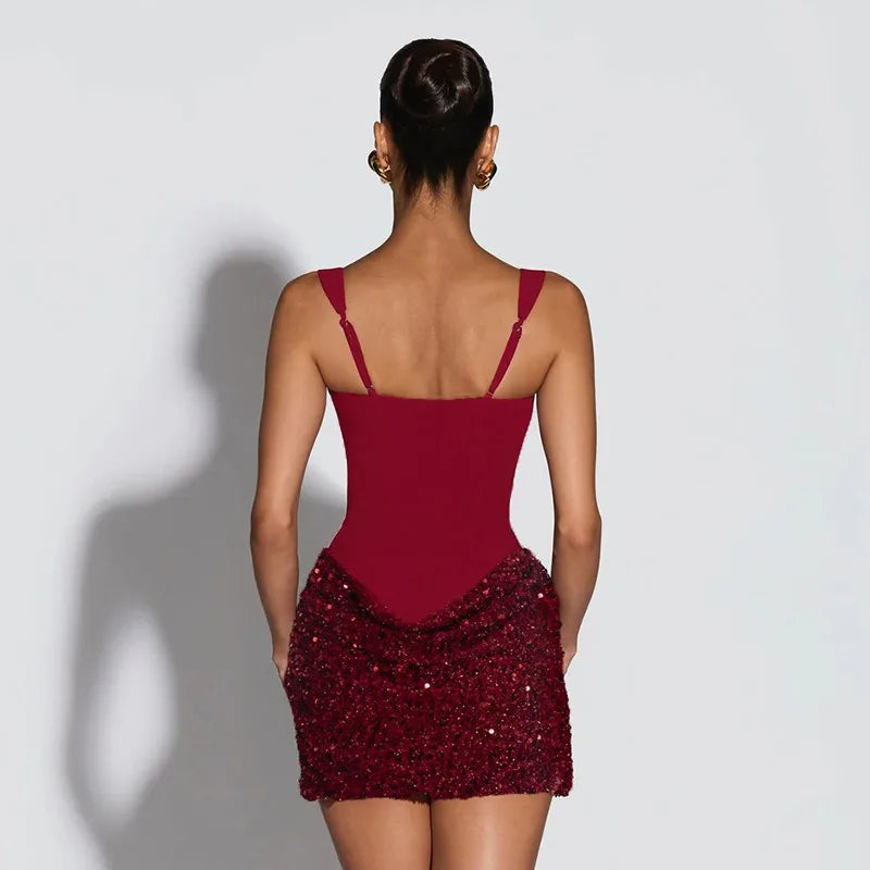 Sleeveless Sequined Mini Dresses Burgundy Black Birthday Dress Luxury Sexy Outfits Woman Club Wear