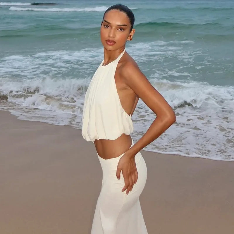 White 2 Pieces Set Asymmetric Halter Top and Maxi Skirt Sets Sexy Holiday Outfits Woman Clothing