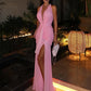 Elegant Backless Dress Women Deep V-Neck Halter Ruched Split Mesh Patchwork Sexy Party Club Peach Buttocks Vestidos