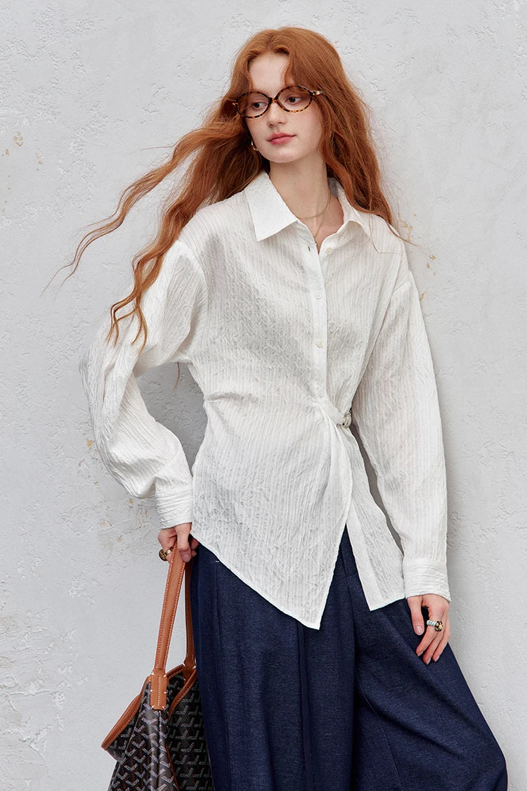 2025 Autumn New Arrival Minimalist Asymmetrical Design Solid Full Sleeve Shirt For Woman