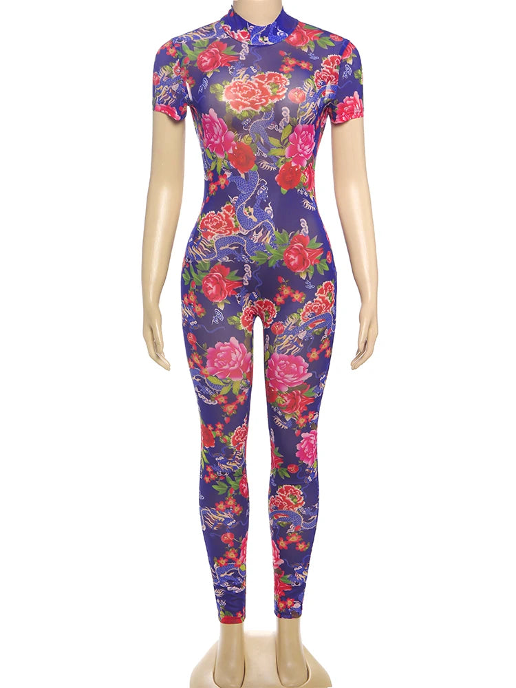 Flower Print Jumpsuits Women Turtleneck Short Sleeve Backless Skinny Peach Hip Midnight Club Party Fashion Overalls