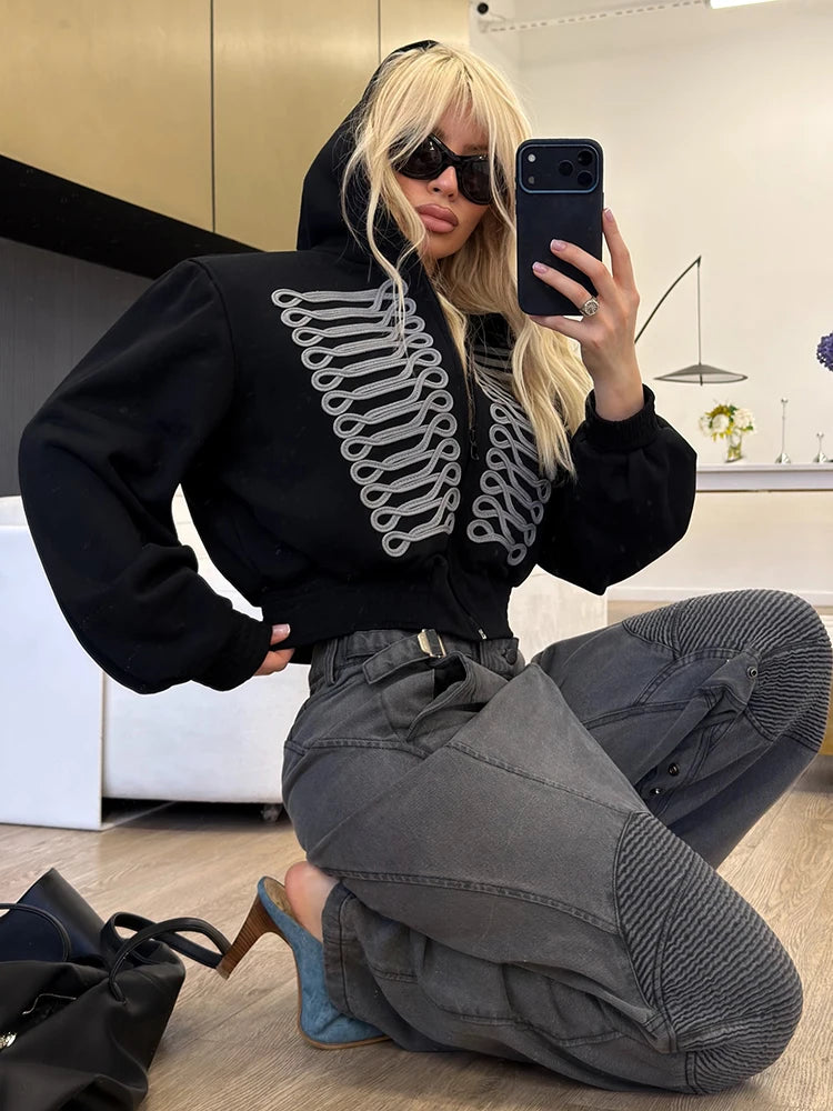 High Street Hooded Corp Jacket Women Fashion Hottie Print Full Sleeve Zip Patchwork Autumn Trend Chic Sporty Outfits