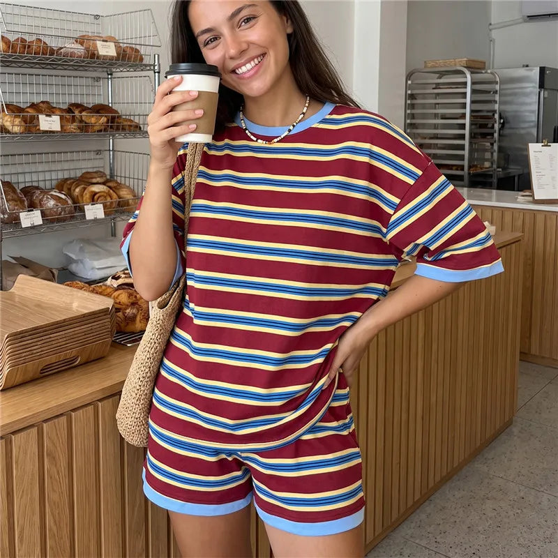 Striped Two Piece Outfit Women Contrast Trim Oversized Short Sleeve Tee And Elastic Waist Shorts Casual Loungewear Set