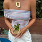 Women Multicolor Striped Off-Shoulder Slim Fit Crop Top Summer Wrap Style Neckline Bandeau Backless Shirts Streetwear