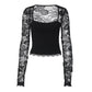 See Through Lace Patchwork Square Neck Long Sleeve Crop Tops for Woman Clothing Elegant Shirts & Blouses