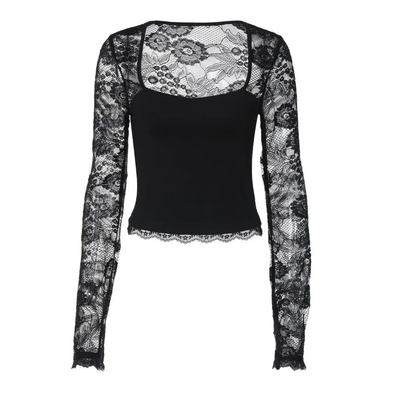 See Through Lace Patchwork Square Neck Long Sleeve Crop Tops for Woman Clothing Elegant Shirts & Blouses