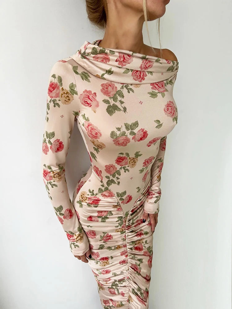 Diagonal Collar Long Sleeve Sexy Midi Dress Women Gown Elegant Backless Ruched Bodycon Club Party Long Dresses Female