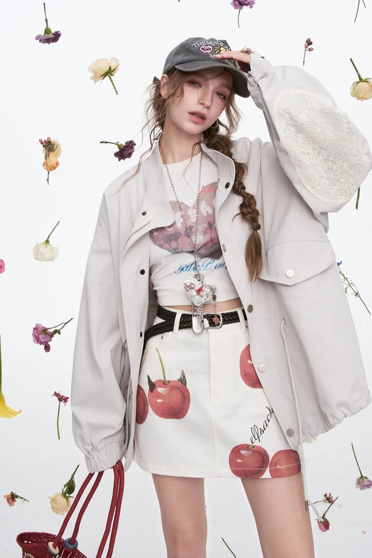 2025 Spring New Arrivals Y2K Original Cherry Printed Denim Skirt Women's Cotton A-Line Mini Skirt(Gift belt)
