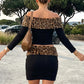 Leopard Print Plush Patchwork 2-Piece Set Women Slash Neck Full Sleeve Crop Tops+Elastic Waist Skirt Sexy Autumn Suit