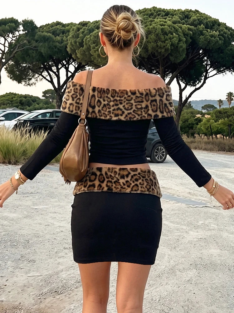 Leopard Print Plush Patchwork 2-Piece Set Women Slash Neck Full Sleeve Crop Tops+Elastic Waist Skirt Sexy Autumn Suit