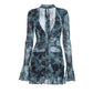 Sexy Plant Print Dress Women Halter Lace-Up Deep V-Neck Ruffle Sleeve Ruched Safety Shorts Stretch Skinny Bodycon