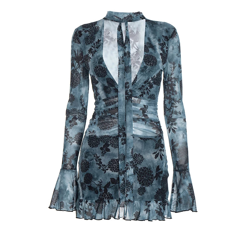 Sexy Plant Print Dress Women Halter Lace-Up Deep V-Neck Ruffle Sleeve Ruched Safety Shorts Stretch Skinny Bodycon