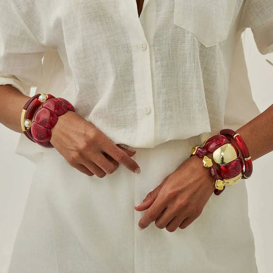 6 Style Vintage Red Resin Acrylic Bracelets for Women Punk Splice Metal Tube Beaded Handmade Bangles Aesthetics Jewelry