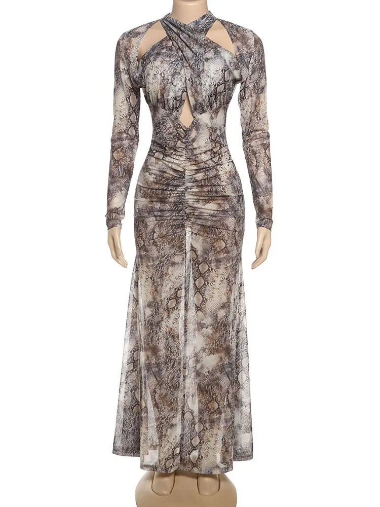 See Through Cross Knot Dress Women Coquette Hollow Serpentine Full Sleeve Split Ruched Off Shoulder Midnight Bodycon