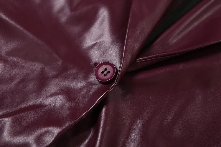 Retro PU Leather 2 Piece Set Woman V-Neck Single Button Full Sleeve Jackets+Irregular Skirts Office Style Elegant Suits