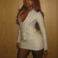 Women Vertical Stripe Two Piece Matching Set Lapel Button Long Sleeve Top And Bodycon Mini Skirt Slim Sexy Clubwear