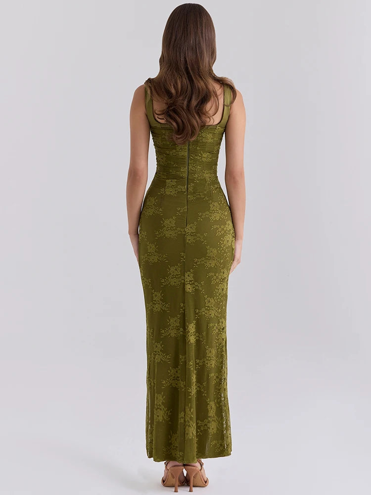Floral Mesh Maxi Dress Women Sweetheart Wide Strap Ruched High Slit Bodycon Formal Evening Wedding Guest Long Dress