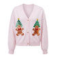 Womens Christmas Cropped Knit Cardigan V Neck Sequin Gingerbread Man Xmas Tree Patch Lantern Sleeve Button Down Sweater