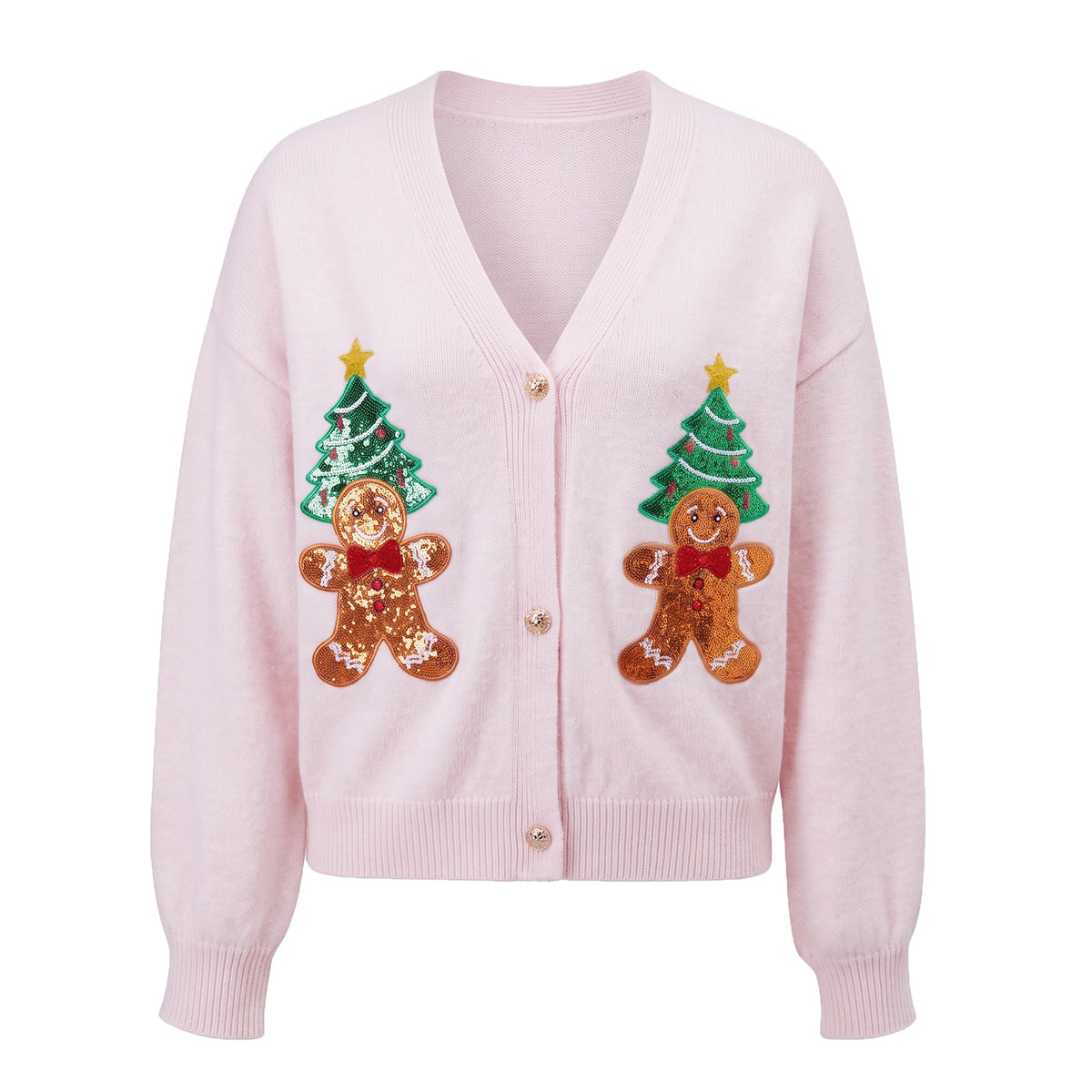 Womens Christmas Cropped Knit Cardigan V Neck Sequin Gingerbread Man Xmas Tree Patch Lantern Sleeve Button Down Sweater