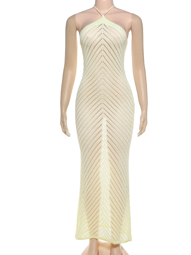 Sexy Crochet Dress Women Vacation See Through Sleeveless Backless Skinny Stretch Beach Midnight Elegant Maxi Bodycon