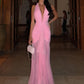 Elegant Backless Dress Women Deep V-Neck Halter Ruched Split Mesh Patchwork Sexy Party Club Peach Buttocks Vestidos