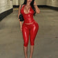 Hottie Wild Leather 2 Piece Set Women Sexy Halter Bandages Backless Tank Top+Capri Pants Trend High Street Club Suits
