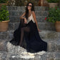 Flowing Black Tulle Maxi Dress Lace Trim Deep V Neck and Hem See Through Mesh Backless Dresses Resort Wear