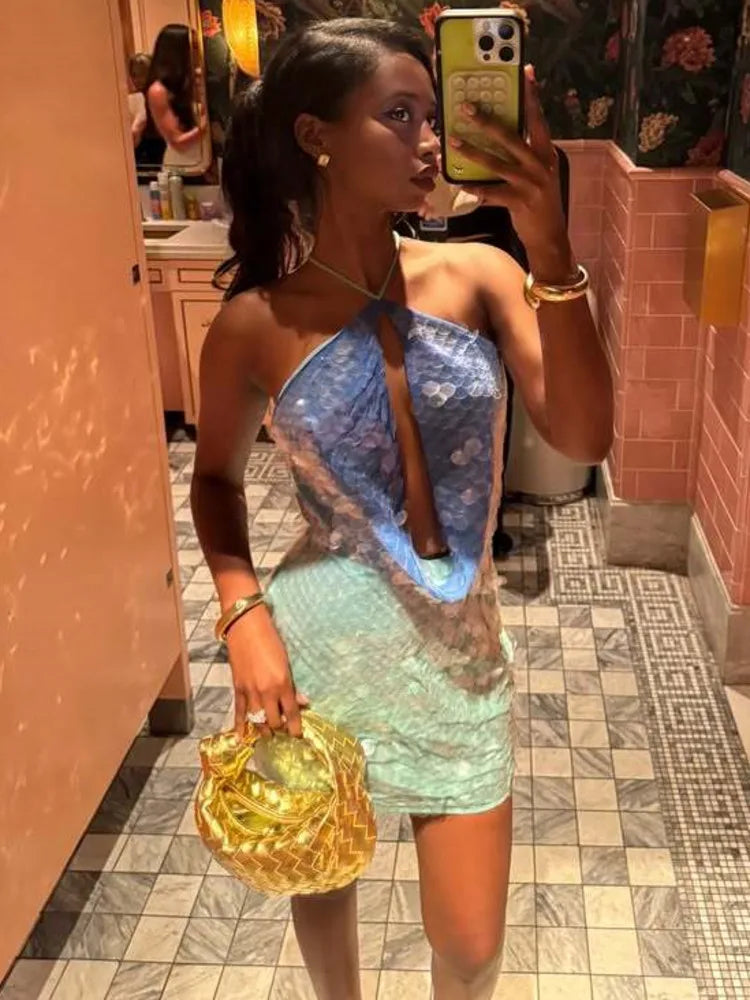Sequins Sexy Mini Dress Women Fashion Patchwork Hollow Out Halter Sleeveless Backless High Waist Beach Holiday Dress