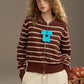 2025 Autumn New Arrivals Casual Classic Soft Navy Collar Silver Zipper Striped Knitted Cardigan For Woman
