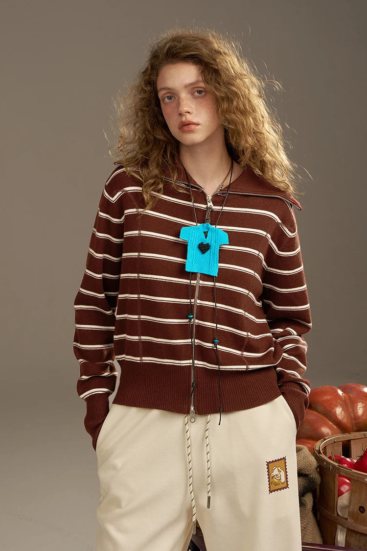 2025 Autumn New Arrivals Casual Classic Soft Navy Collar Silver Zipper Striped Knitted Cardigan For Woman