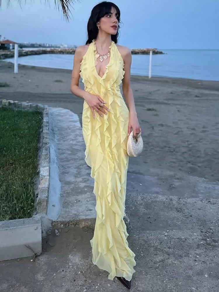 Halter Off-shoulder Ruffle Sexy Maxi Dress Women Fashion V Neck Sleeveless Backless Bodycon Club Party Long Dress