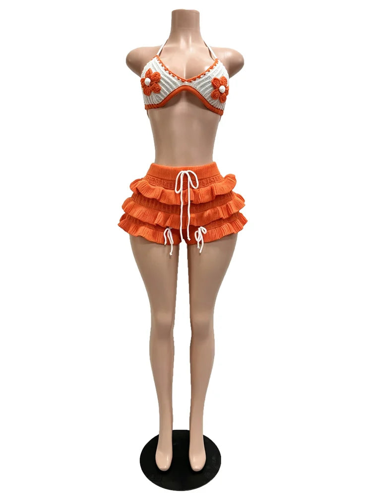 Knit 2-Piece Set Women Halter Bandage Flower Decoration Bra+Ruffles Tassel Short Fashion Summer Midnight Sexy Suit