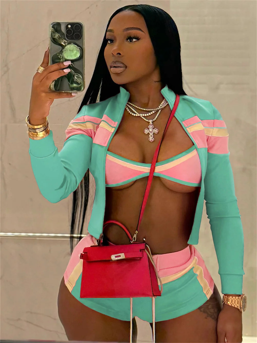 Patchwork 3 Piece Set Women Zip Crop Tops+Bra+Shirring Mini Shorts Matching Casual Streetwear Stretch Slim Tracksuit